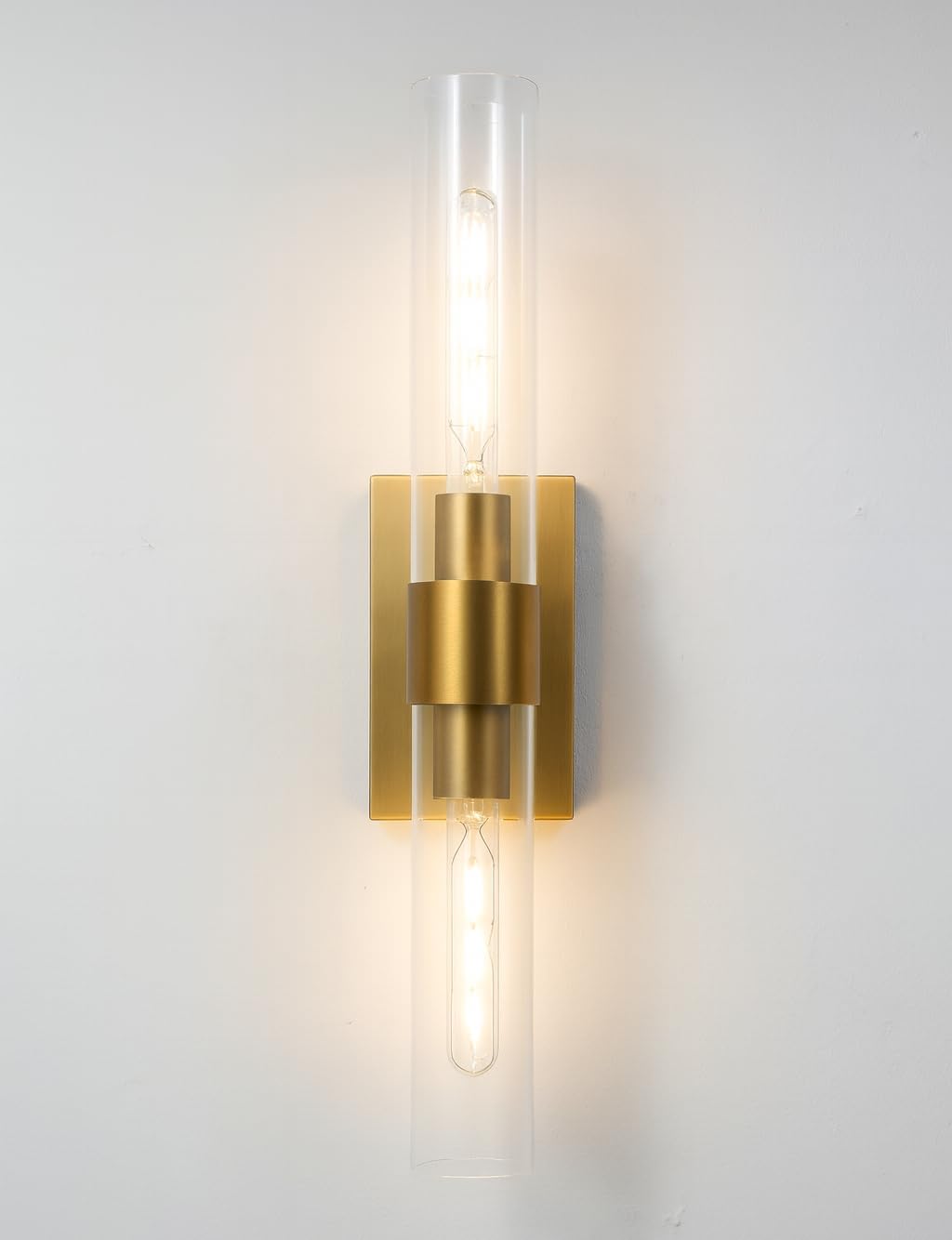 20 Inch Brushed Gold Sconces Set of 2, Brass Gold Bathroom Sconce with Clear Glass Shade Brushed Brass Wall Sconce for Bathroom, Living Room (Bulb Included)