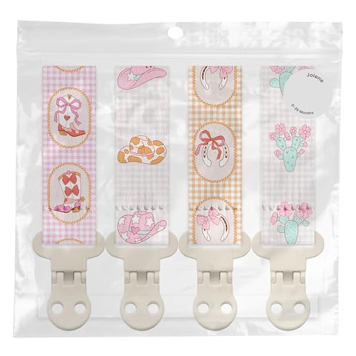 Image of Stadela Baby Fabric Pacifier Clip Holder, Plastic Clip, 4‑Pack, Western Pattern, Jolene Set