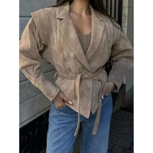 Khaki Jacket Notch Collar Ruched Belted Long Sleeve Wrap Irregular Vintage Fall Casual Streetwear Jacket4
