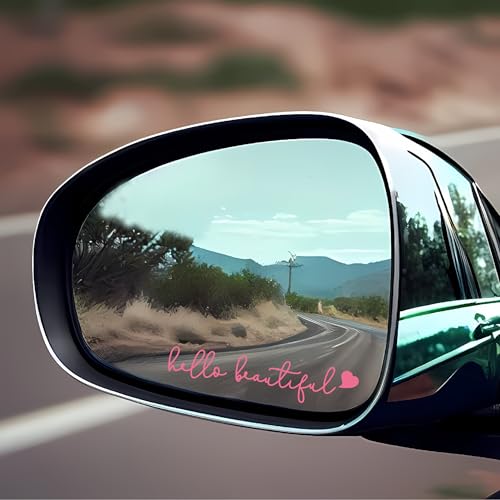 Image of Girly Car Accessories for Women, Valentine Stickers, Pink Car Stickers and Decals - 3Pcs Pink Heart Hello Beautiful Rearview Mirror Decal, Cute Car Decorations, Stickers for Window, Laptops, Bottles