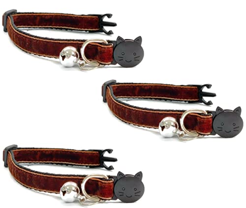 Velvet Cat Collars with Bell. Safe Breakaway Quick Release Buckle. Available in Cat & Kitten Size (Pack of 3) (Cat Collar (20cm