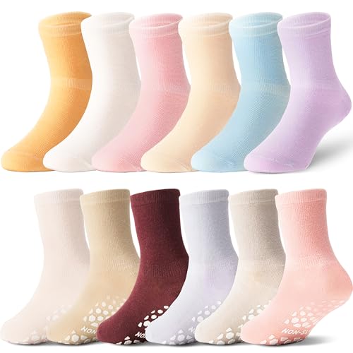 ANTSANG 12 Paia di Calzini Antiscivolo per Bambini e Neonati Calze in Cotone con Grip per Bambine e Bambini(Misto,24-26)