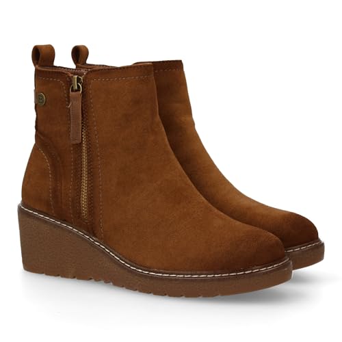 94553 Botin de Cuna para Mujer, Comodo y Diseno Elegante. Detalles de Costura con Cierre de Cremallera, Tirador Trasero. Ideales para Otono Invierno Camel Talla 41