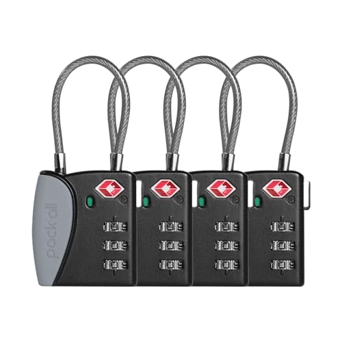 pack all TSA Approved Cable Luggage Locks, 3 Digit Combination Padlocks, Travel Lock for Suitcases & Bag, Alloy Body, Travel Accessories (4 Pack)(Grey)