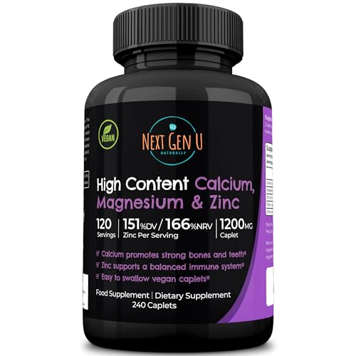 Calcium Magnesium Zinc - Essential Mineral Supplement - 240 Vegan Caplets - for Immune Support and Bone Strength - for Adults Women and Men - by NextGenU