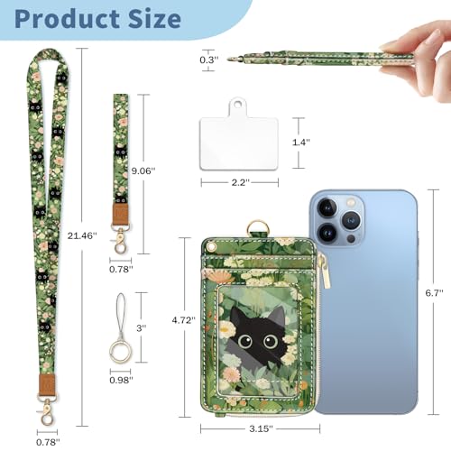 Lanyard Wallet with Id Badge Holder, Floral Cat RFID Small Keychain Wallet Women Wristlet, Cute Zipper Credit Card Holder Phone Wrist Neck Strap for Key Name Tag, Teacher Student Office Gifts
