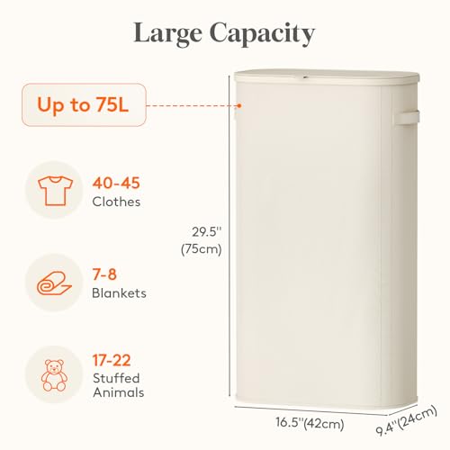 Image of Lifewit Slim Laundry Basket with Lid, Narrow Large Laundry Hamper with Plastic Handles and Removable Bag, Tall Foldable Dirty Clothes Hampers for Laundry Room, Bedroom, Bathroom, Dorm, 75L White