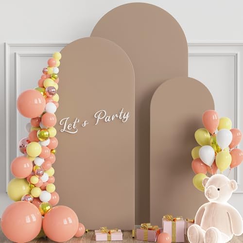 Image of Wokceer Wedding Arch Backdrop Cover 6FT, 5FT, 4FT Set of 3 Spandex Fitted Nude Brown Arch Covers for Round Top Chiara Arch Backdrop Stands Cover for Birthday Party Ceremony Decor