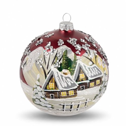 Polish Hand Blown Glass Christmas Ornaments Ball, Cottage Burgundy 5 in