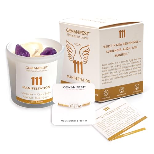 GEMANIFEST Angel Number 111 Manifestation Candle Crystal Infused Soy Wax with Amethyst & Clear Quartz Lavender & Clary Sage Scented Spiritual Gift for Meditation Affirmation and Energy Alignment