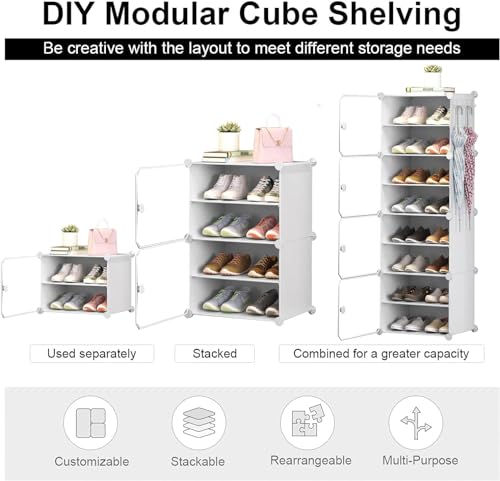 Image of Shoe Rack Multipurpose 5 Shelves Shoe Rack with Zip Door Cover & Side Pockets, Multiuse Wide Shelve,Rack for Footwear, Toys, Clothes (White, 16-Layer)