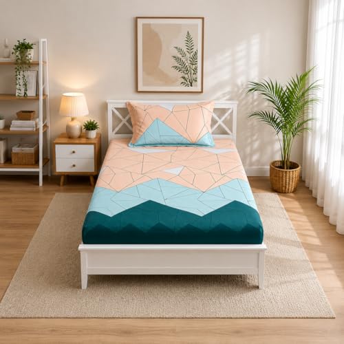 Image of Microfiber Fitzy 280 TC Fitted bedsheet Single Size, Elastic bedsheet,36x78 inches + 10 inches Drop, with 1 Pillow Cover (Diamond Blue Check, 36 inch x 78 inch)