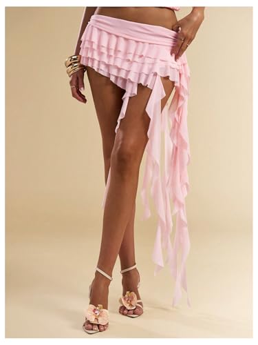 SOLY HUX Women's Mesh Irregular Ruffle Trim Layered Y2k Mini Skirt Concert Music Festival Date Outfits3