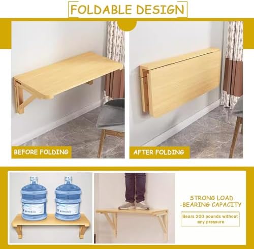 Floating Wood Wall Mounted Breakfast Bar Table with Brackets Fold Down Kitchen Dining Table for Laundry Room Space Saving (Size: L50xW40cm/L20xW16in)
