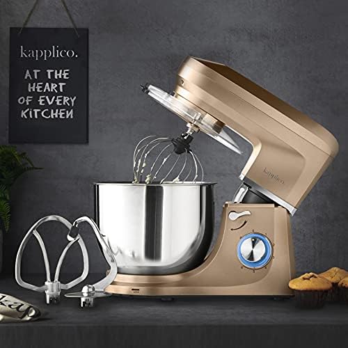 KAPPLICO® Pro Plus 1800W Stand Mixer, 7.0L Stainless Steel Bowl, 6-Speed Food Mixer, Dough Hook, Whisk & Mixing Beater, Non-Slip Rubber Feet, 24m Warranty. (Gold)