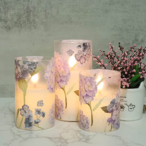 Image of Hydrangea Glass Flameless Candles with Remote Timer Battery Operated LED Flickering Pillar Candles Real Wax Spring Dinner Wedding Holiday Decor D3 x H4, 5 inch, 6 inch