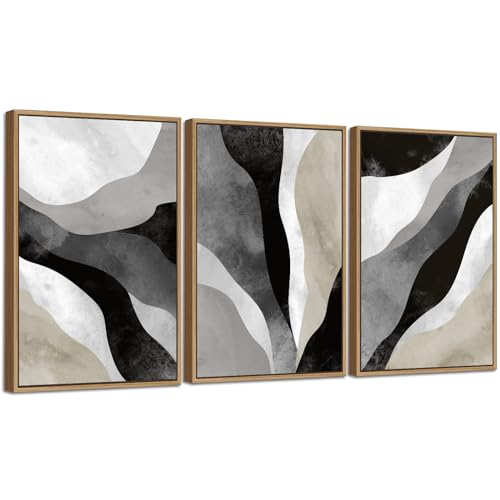 Minimalist Abstract Boho Wall Art - Natural Framed Abstract Canvas Picture Flowing River Painting Artwork Modern Geometric Canvas Prints for Home Office Wall Decor 60 x 90cm * 3 Grey Black Tan by yearainn - Image 2
