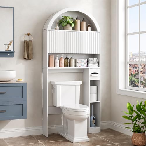 Image of 31 inch W Arched Over The Toilet Storage Cabinet, Fluted Doors, White | Over Toilet Bathroom Organizer with Doors, Bathroom Storage Cabinet with Toilet Paper Holder and Anti-Tipping Device