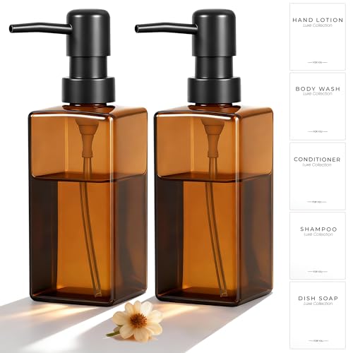 Hejo 2 Stück Seifenspender Glas Braun mit Pumpe, 350ml Pumpspender aus Glas, Seifenflasche mit Etikettenaufkleber, Wiederverwendbarer Handseifenspender, Vielseitiger Glasspender für Küche, Bad, Dusche