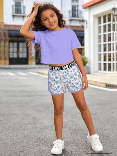 Image of Betusline Girls Summer 2 Piece Outfits,Kids Short Sleeve Crop Top & Shorts Set with Side Pockets