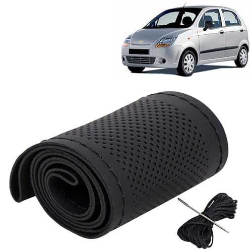 Image of KINGSWAY PU Leatherite Car Steering Cover Sewable Compatible with Chevrolet Spark (Year 2005-2009), Black Color with Black Thread, Pack of 1 with Sewing Needle and Thread