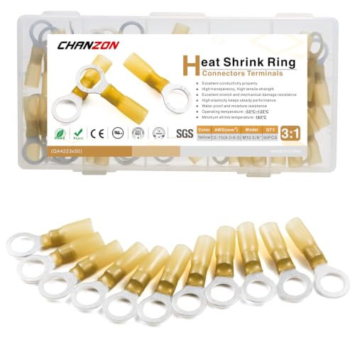 Chanzon 50pcs M10 Heat Shrink Ring Terminal 3/8" 22-16AWG Yellow