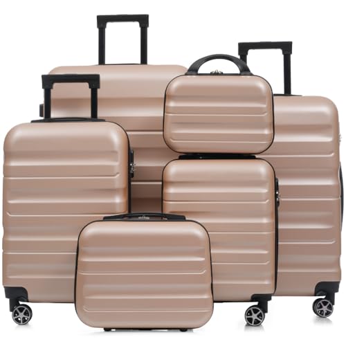 ABS Hardshell 6-Piece Luggage Set with Spinner Wheels Lightweight Durable Suitcases Carry-On Check-In Sizes Perfect for Travel Business (6-piece Champagn)