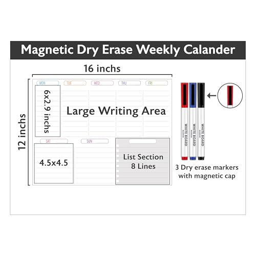 Image of WallDesign Weekly Planner Fridge Magnet Whiteboard 16x12 Inch - Dry Erase Calendar, Meal Planner & to Do List for Kitchen, Home & Students, Includes 3 Multicolour Marker Pens