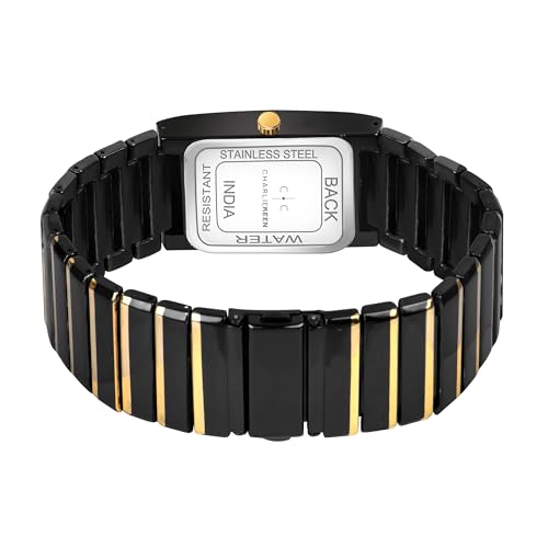 Image of CHARLIEKEEN Rectangular Wristwatch, Black Dial with Rose Gold Roman Numerals, Silicone Strap, Elegant Style