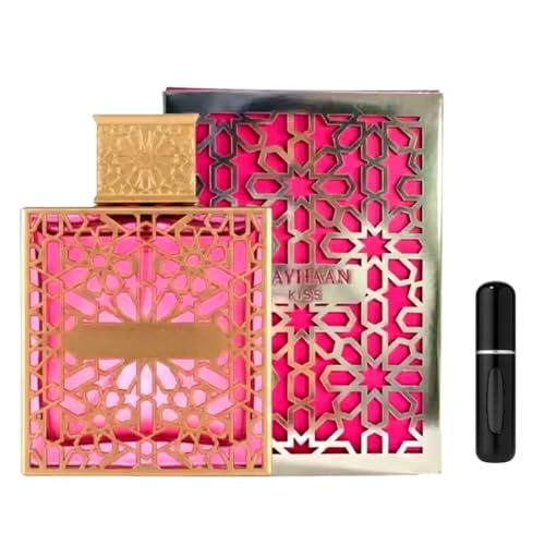 Perfume árabe Rayhaan Kiss femenino dulce gourmand, eau de parfum floral frutal con fresa, coco, caramelo y vainilla, 100 ml + atomizador de regalo