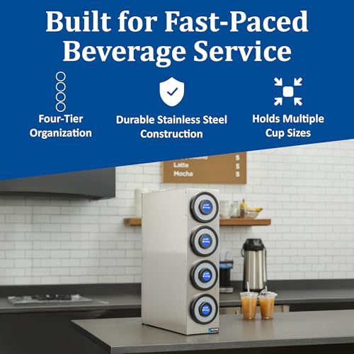 Image of San Jamar Ez-Fit Cup Dispenser Cabinet with 4 Tiers for Restaurants, Dining Halls, and Fast Food, Stainless Steel, 33.25 x 10.75 x 27 Inches, Silver