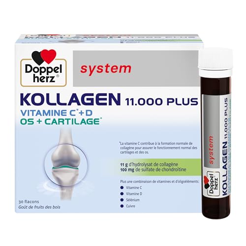 Doppelherz, Kollagen 11000 Plus, Hydrolysat de collagène et Vitamines C, D et minéraux, Pour les os, cartilages et muscles, Goût fruits des bois, 30 flacons de 25ml