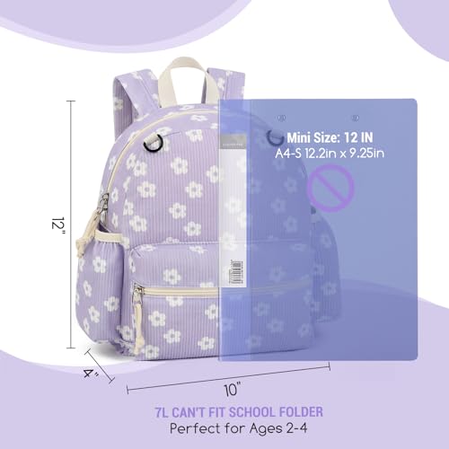 Image of Corduroy Toddler Backpack for Boys & Girls, Kids Backpacks | Small Kids Bookbag for School, 2-4 Preschool Kindergarten Backpack, Toddler Daycare Backpack - Flower-Purple