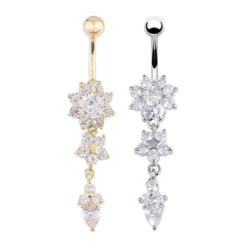 Anillo colgante para el ombligo Zhichengbosi chapado en oro con circonita, ombligo y flor, 2 unidades