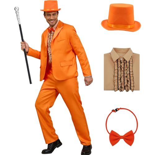 Costume de smoking orange pour enterrement de vie de garçon avec blazer bleu et chapeau