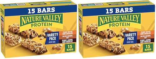 Image of Nature Valley Protein Bars, Gluten Free Chewy Granola Snack Bars, 10g Protein, Peanut Butter Dark Chocolate, Salted Caramel Nut, Peanut Almond Dark Chocolate, 21.3 oz Box, 15 Count (Pack of 2)