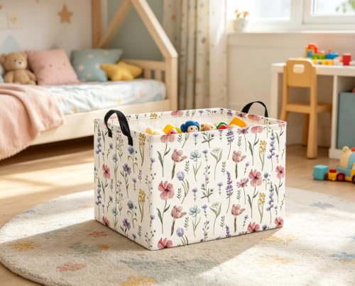 Image of Rectangular Baby Kids Storage Basket for Home Kitchen Girls Cute Toy Storage Bin Organizer Shelf Book Room Decor(Flower)