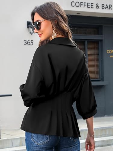 Women Pleated Peplum Blouse 3/4 Sleeve Button Down Cinched Waist Shirt Fitted Flattering Office Daytime Top
