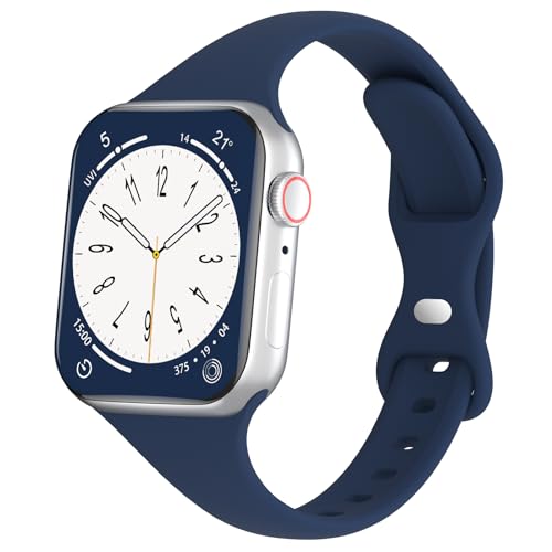 DYKEISS Sport Slim Silicone Band Compatible for Apple Watch Band 38mm 42mm 40mm 44mm, Thin Soft Narrow Replacement Strap Wristband for iWatch Series 5/4/3/2/1 Women & Men (Navy Blue, 42mm/44mm)