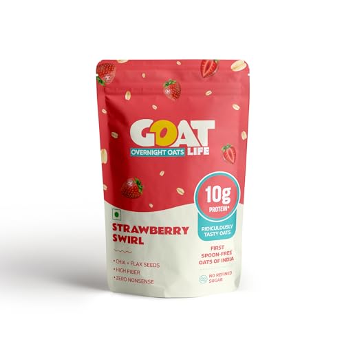 Image of GOAT Life Overnight Oats (60g) | 20g Protein | High Fibre | Nutrient-Rich | No Sugar | Supports Weight Management & Muscle Recovery | Instant Breakfast (Pack of 1, Strawberry Swirl)