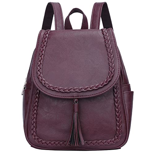 Image of KKXIU Fashion Small Synthetic Leather Backpack Purse For Women and Ladies with Tassel (Wine)