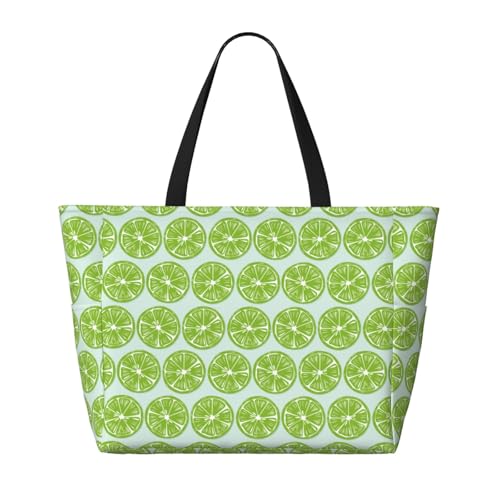 Green Lemon Slices Print Beach Pool Bags Tote For Women Ladies Large Gym Tote Carry On Bag For Weekender Travel Waterproof2