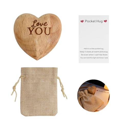 Aifrymne Pocket Hug Gift - Little Wooden Heart Ornament with Card and Drawstring Bag - Heartwarming Love Gifts for Women and Couples - for Expressing Affection (1.4 x 1.4 x 0.8 inches)
