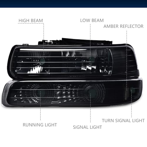 Image of GRAND ORANGE Front Headlight Assembly+ Bumper Lights Lamps Compatible with Chevy Silverado 1999-2002 / Fit Tahoe Suburban 2000-2006 Chrome Housing Clear Corner 4pcs Smoke color Cover Black Bottom