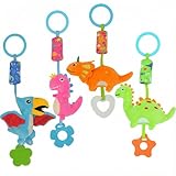 gebra Dinosaur Toys Baby Stroller Car Seat Crib Hanging Toys Soft Rattle Squeaky Wind Chime Toy with Teether for Infant Boys and Girls Age 0 3 6 9 to 12 Months, 4 Pack