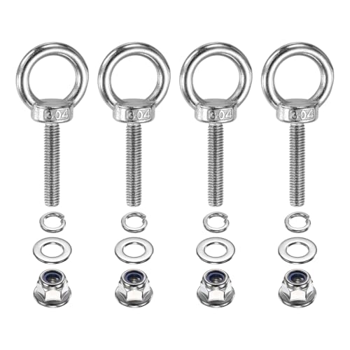 Image of PATIKIL M6 x 30mm Shoulder Eye Bolt, 4 Pcs 304 Stainless Steel Lifting Ring Threaded Eye Bolt with Flange Lock Nuts Spring and Flat Washers for Hanging Tie Down Straps Outdoor Indoor