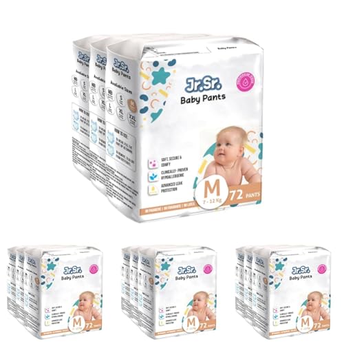 Image of Jr. Sr. Baby Diaper Pants | Medium (M) Size (7-12 kg), 216 Count | Pack of 12 | Upto 12 hr Absorption with Advanced Leak Protection | Safe For Babies Skin | Soft, Secure & Comfy