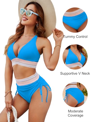 Image of Blooming Jelly Women High Waisted Bikini Sets Tummy Control Swimsuits Color Block Two Piece Drawstring Bathing Suit