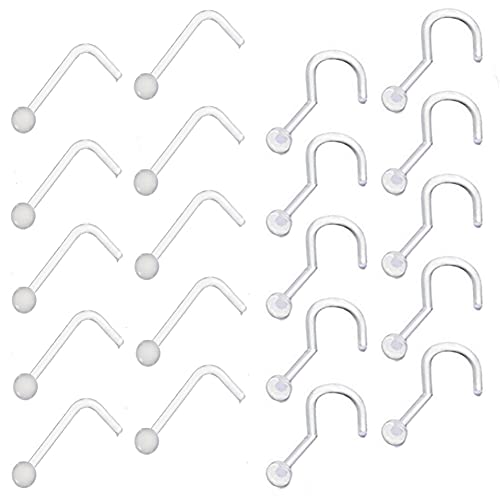 2Pack (20PCS) Clear Plastic Nose Ring Retainers Cartilage Lip Eyebrow Stud Flexible Nose Rings Studs Body Piercing Jewelry for Men and Women