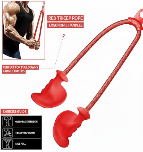 Image of Tricep Rope with Ergonomic Handles, 36 Inch Tricep Pull Down Rope for Cable Machine, Pulley System, Triceps Rope Cable Attachment for Gym, Home (Red)